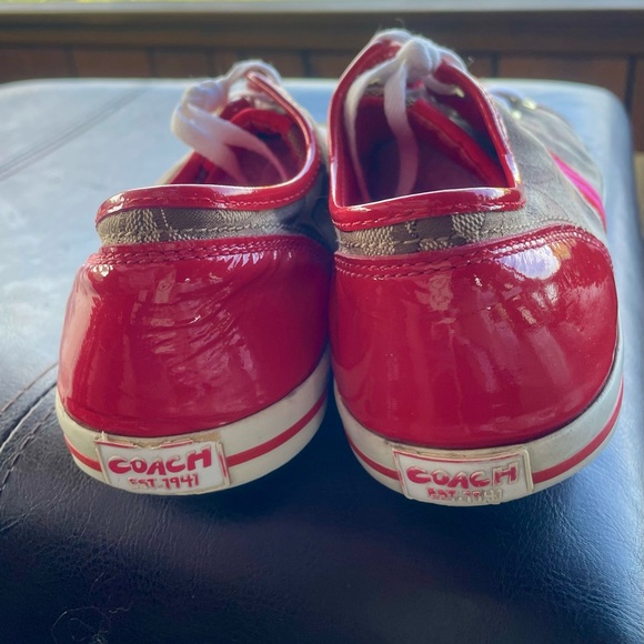 SALE Coach Tan Signature Sneakers with Pink and Red Stripe - Picture 4 of 5